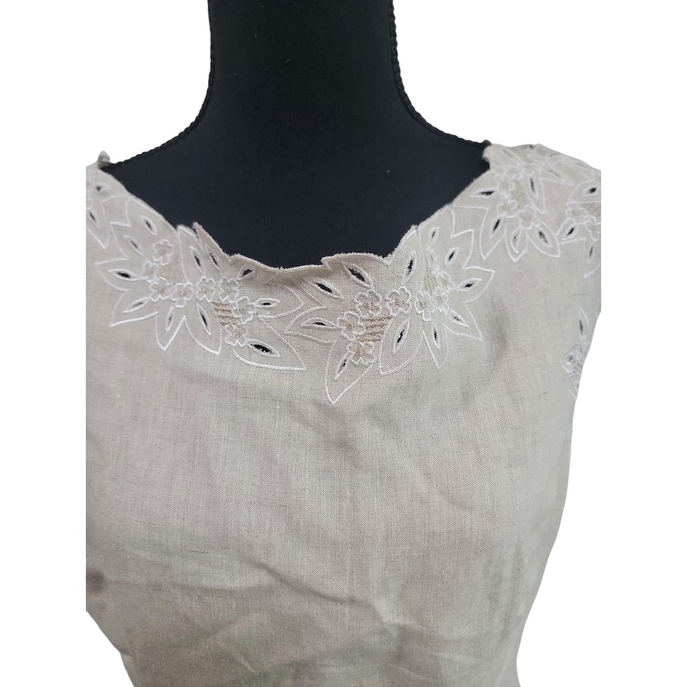 Linen Eyelet Embroidered Sheath Dress Sleeveless Beige Oatmeal Knee Length - Picture 4 of 5